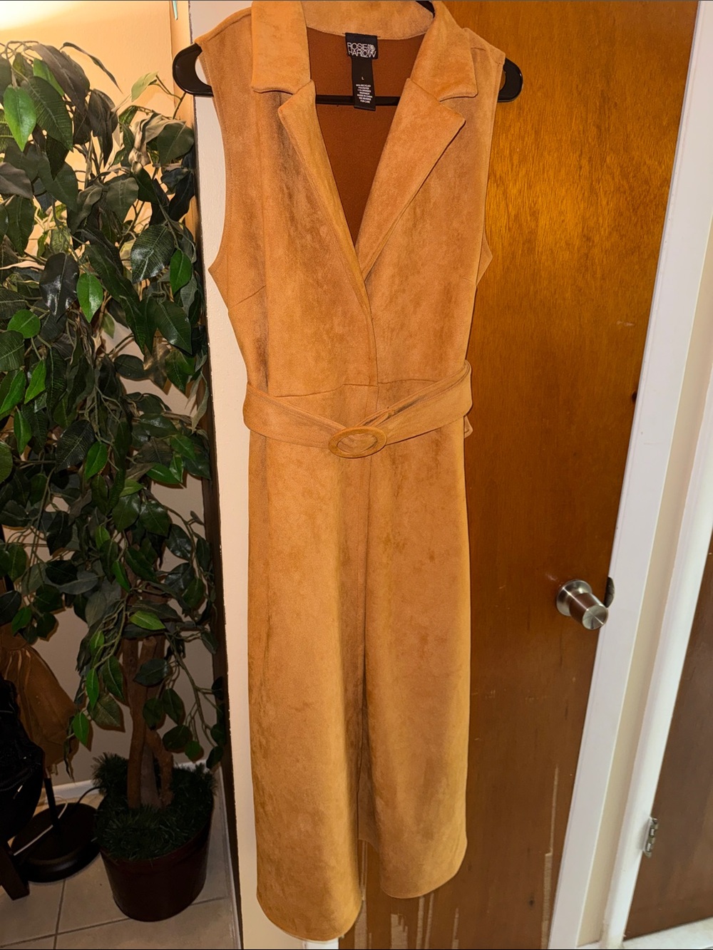 Sleeveless Suede Maxi Dress with Belt in Camel